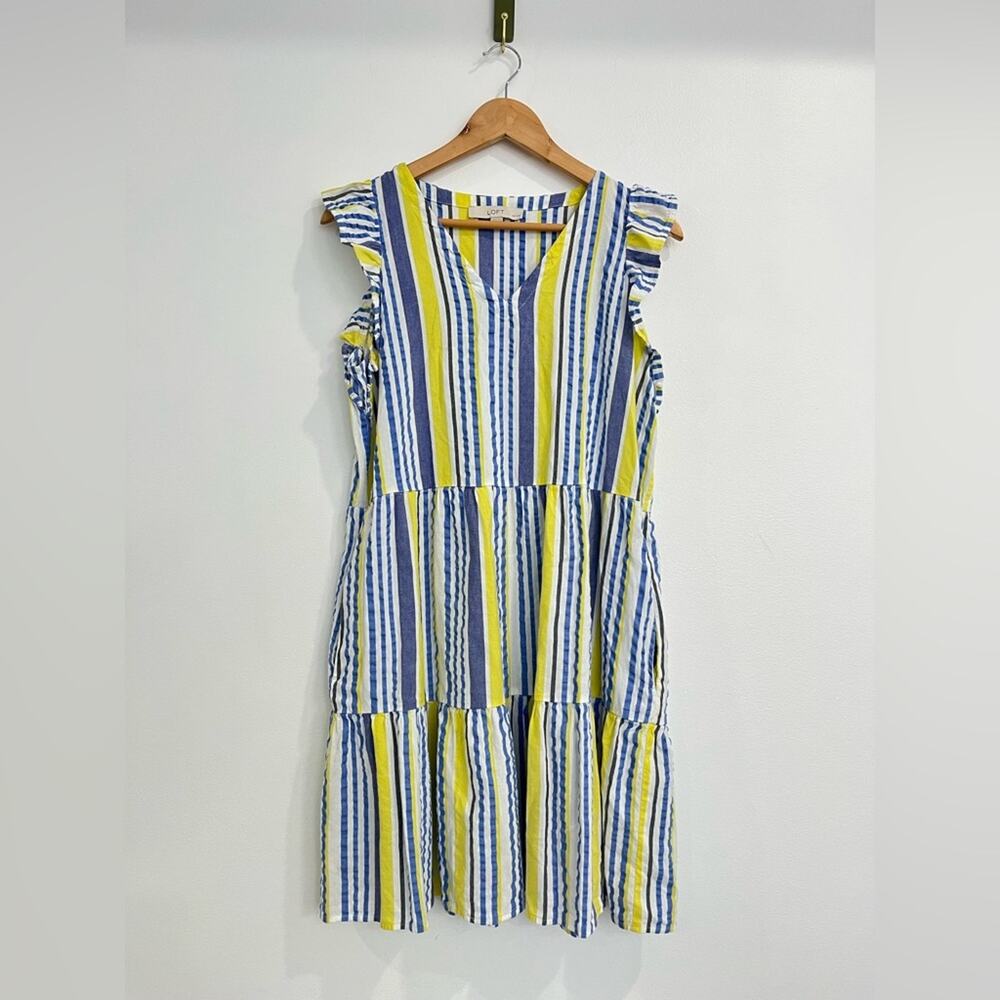 LOFT Blue and Yellow Striped Sleeveless Tiered Dress